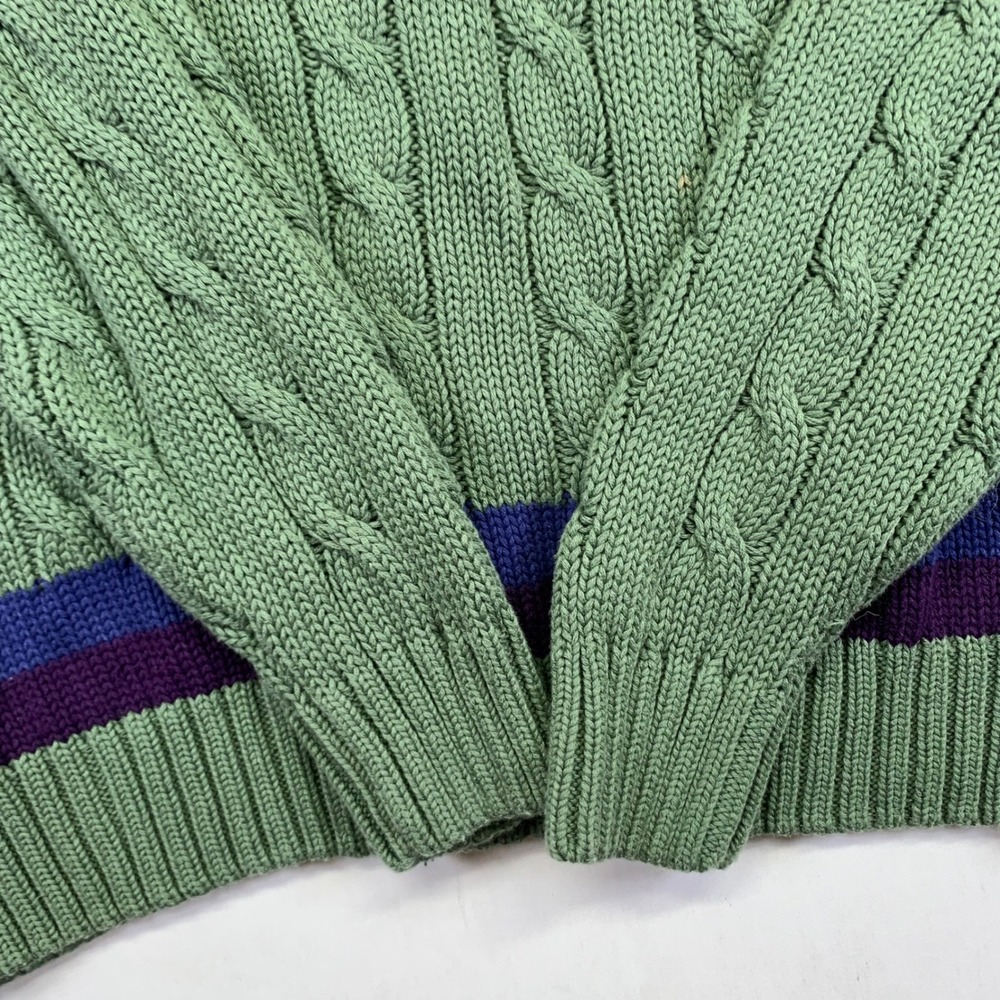 Vintage B.D. Baggies Cable Knit Sweater L/XL? V Neck Green Pullover Striped - Picture 5 of 9